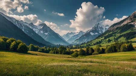 Panoramic view of the valley in the Alps. Switzerland.の写真素材