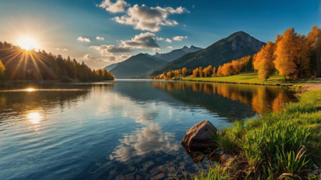 Panoramic view of beautiful alpine lake in autumn at sunsetの写真素材