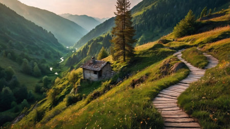 Wooden footpath in the mountains at sunset.の写真素材