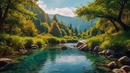 Beautiful mountain river landscape in the summer season. Mountain river in the forest.の写真素材