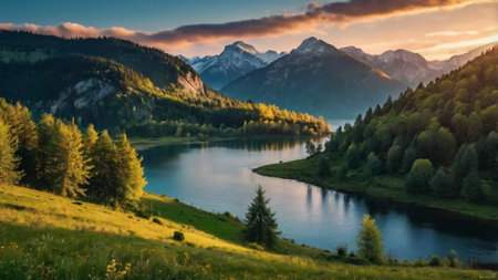Panoramic view of a mountain lake at sunset. Beautiful summer landscape.の写真素材