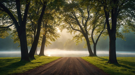 Sunrise in a foggy forest with a dirt road and treesの写真素材