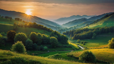 Sunset in the mountains. Beautiful summer landscape. Ukraine, Europe.の写真素材