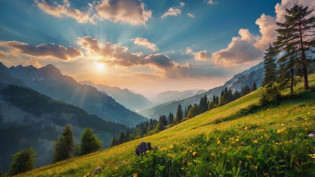 Panoramic view of alpine meadow with wildflowers and pine trees. Dramatic sunset sky. Beauty world.の写真素材