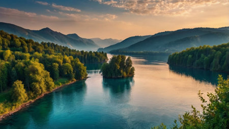 Panoramic view of the river Katun in the Altai Republic.の写真素材