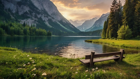 Beautiful alpine lake with wooden bench in the foreground at sunsetの写真素材