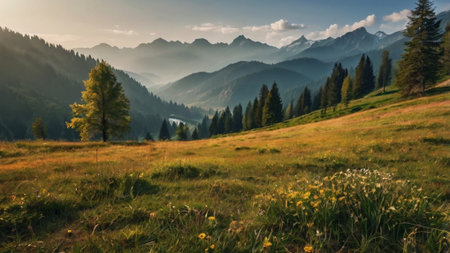 Panoramic view of alpine meadow in the morning lightの写真素材