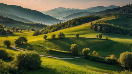 Green hills in the Carpathian mountains at sunset, Ukraine.の写真素材