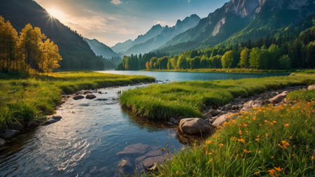 Panoramic view of a mountain river in the Karwendel mountains, Austriaの写真素材