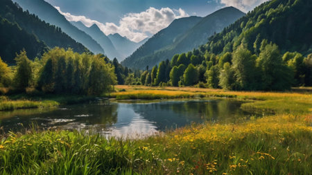 Beautiful landscape with mountain river and meadow in Caucasus mountains.の写真素材