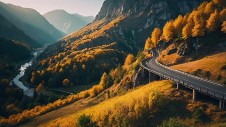 Aerial view of the road in the mountains. Beautiful autumn landscape.の写真素材