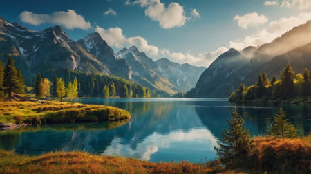 Panoramic view of alpine lake and mountains with reflection in water