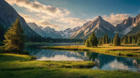 Panoramic view of alpine lake with reflection of mountains.の写真素材
