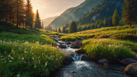 Mountain stream in the morning. Beautiful landscape with a mountain river.の写真素材