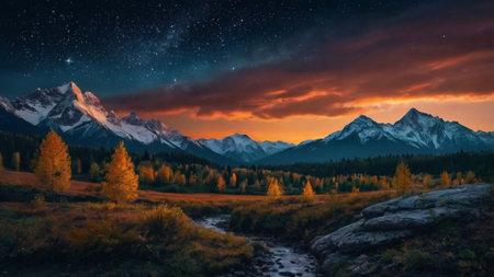 Mountain landscape at night. Panoramic view of the mountains and the river.の写真素材