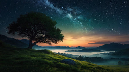 Foggy sunrise in the mountains with tree and milky wayの写真素材