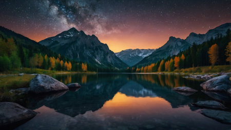 Mountain landscape with lake and starry sky reflected in water.の写真素材