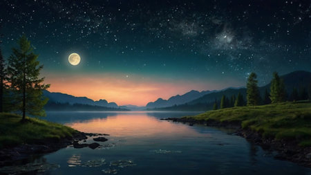 Mountain lake at night with stars and moon. 3d renderingの写真素材