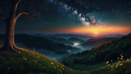 Beautiful summer landscape with the starry sky above the clouds.の写真素材
