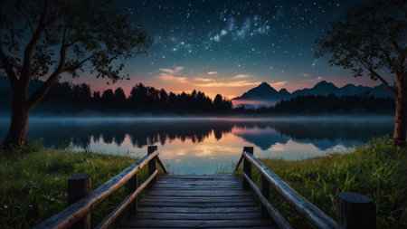 Wooden path leading to the lake at night with starry skyの写真素材
