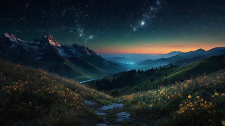 Mountain landscape at night with starry sky and milky wayの写真素材