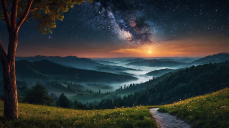 Foggy night in the Carpathian mountains, Ukraine.の写真素材