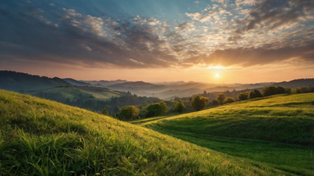 Panoramic view of beautiful sunset in the mountains. Beautiful summer landscape.の写真素材