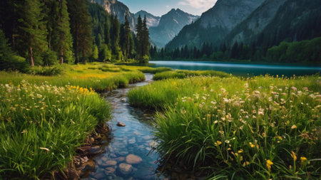 Beautiful mountain lake in the Dolomites, Italy. Summer landscapeの写真素材