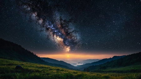 Milky way in the mountains at sunrise. Starry sky with milky way and stars.の写真素材