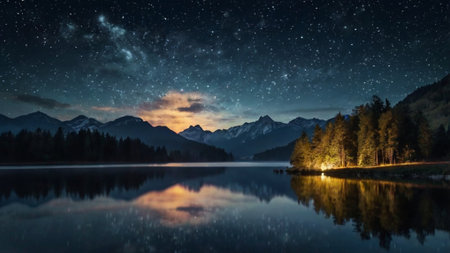 Beautiful night landscape with starry sky over the mountain lake.の写真素材