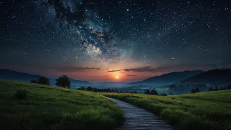 Landscape with milky way and meadow at summer night.の写真素材