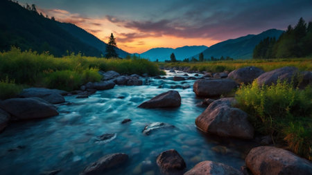 Mountain river at sunset. Beautiful summer landscape with mountain river.の写真素材