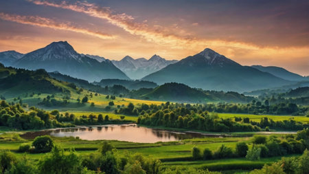 Beautiful mountain landscape with lake and meadow at sunset time.の写真素材