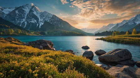 Mountain lake at sunset. Altai, Siberia, Russia.の写真素材