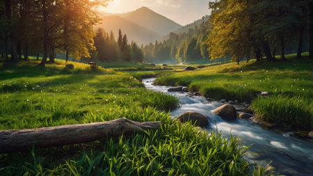 Beautiful landscape with mountain river and green meadow at sunset.の写真素材