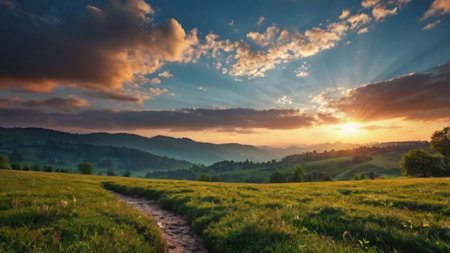 Sunset over green meadow in the mountains. Beautiful summer landscape.