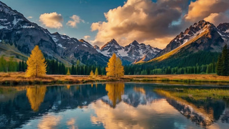 Mountain lake with reflection in the water. Beautiful autumn landscape.の写真素材