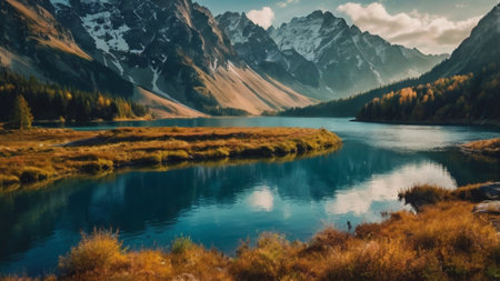 Panoramic view of the mountain lake. Mountain lake in autumnの写真素材