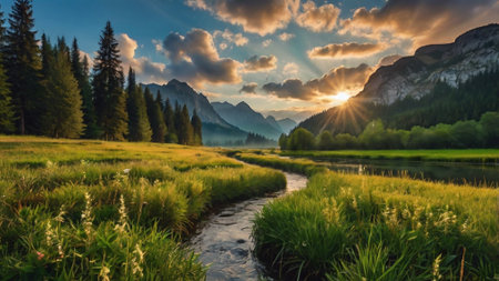Sunset over a mountain river in Italy