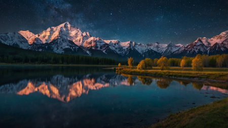 Mountain lake at night with reflection of snow-capped peaks.の写真素材