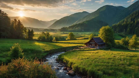 Panoramic view of a small mountain village in the Carpathian Mountains.の写真素材