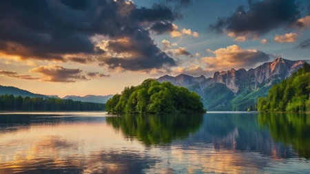 Beautiful summer landscape with alpine lake and mountains at sunset.の写真素材