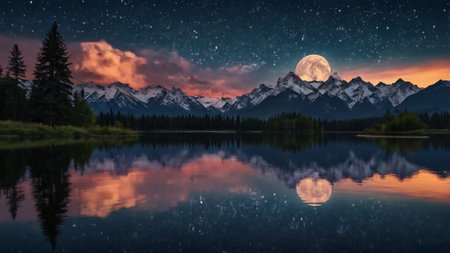 Fantasy landscape with mountains and lake at night in full moon lightの写真素材