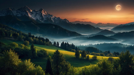 Majestic sunset in the mountains landscape. Panoramic viewの写真素材