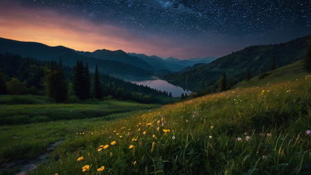 Beautiful summer landscape in mountains at night with starry sky and cloudsの写真素材