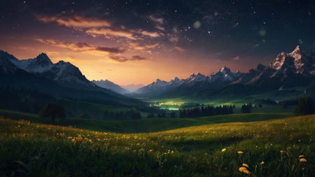 Fantastic sunset in the mountains. Dramatic sky with stars.の写真素材