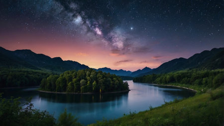 Milky way over mountain lake at night. Starry sky with milky way over mountain lake.の写真素材