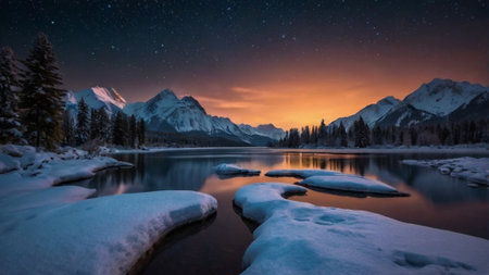 Fantastic winter landscape with snow covered mountains and lake at nightの写真素材
