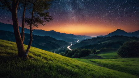 Mountain landscape with starry sky and milky way over valleyの写真素材