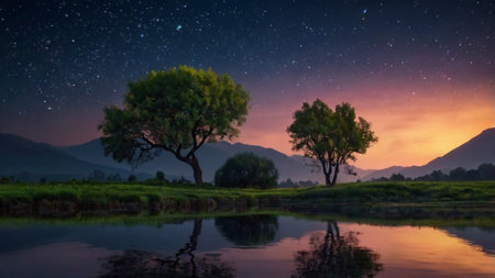 Beautiful night landscape with starry sky and tree reflected in waterの写真素材
